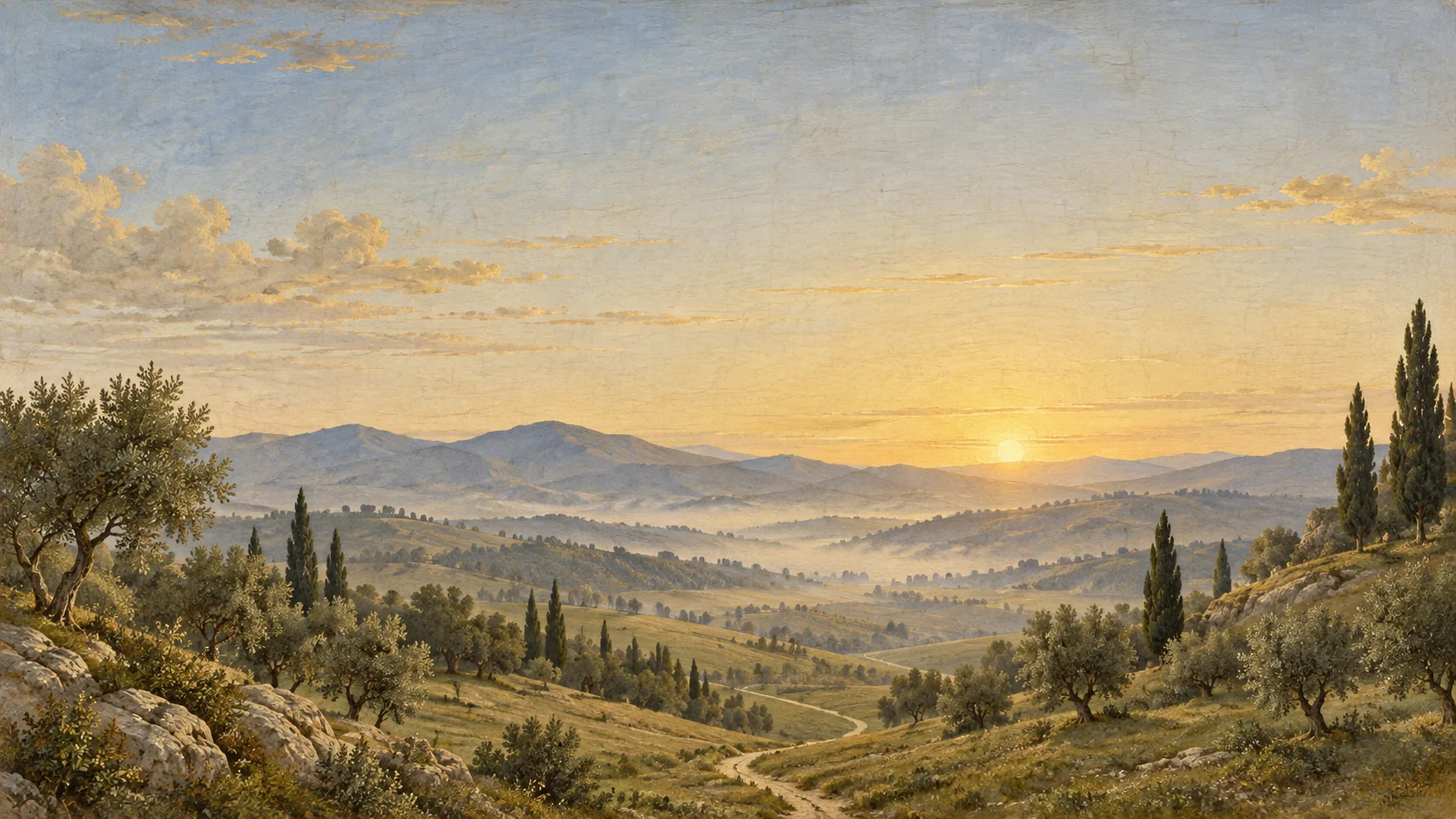 A painted valley at dawn: rolling hills, olive and cypress, and a path winding toward the light.
